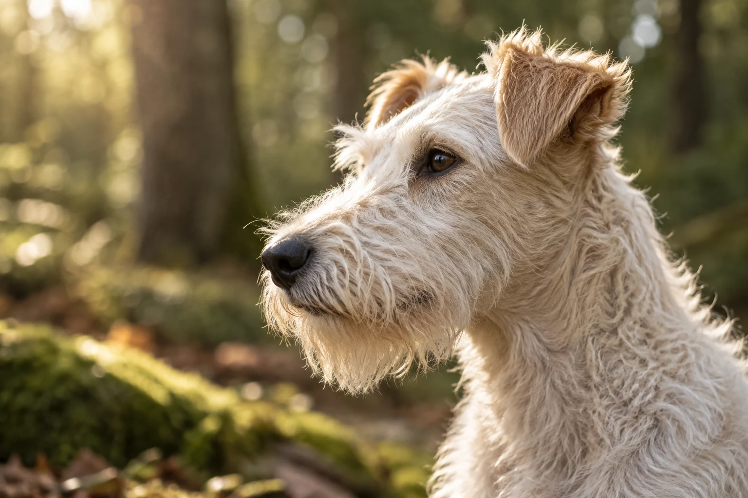 Ein heller rauhaariger Terrier im warmen Licht vor einem Wald